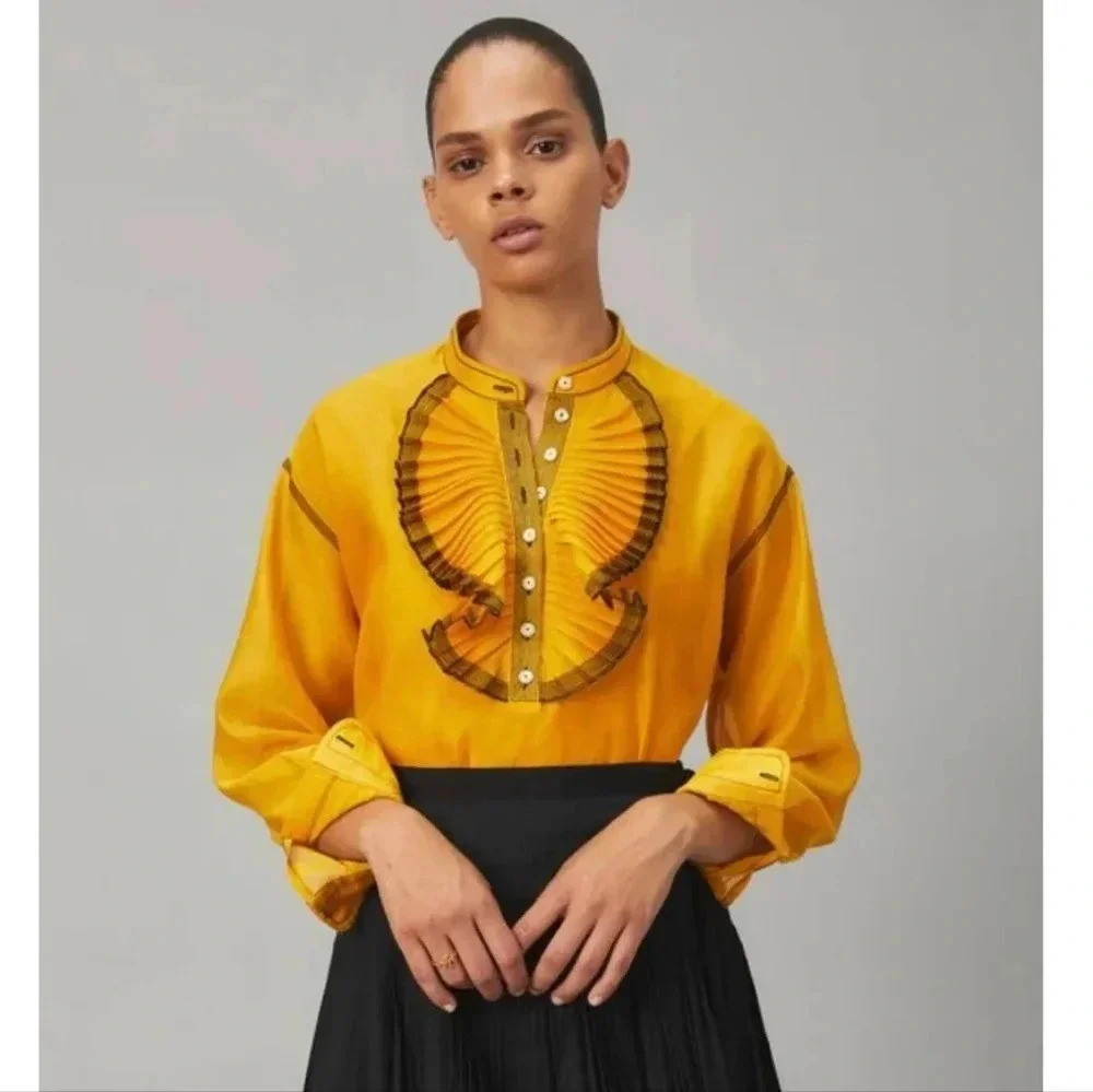 TORY BURCH Saffron Ruffle Button Front Cotton/Silk Blend Semi Sheer Blouse(12)